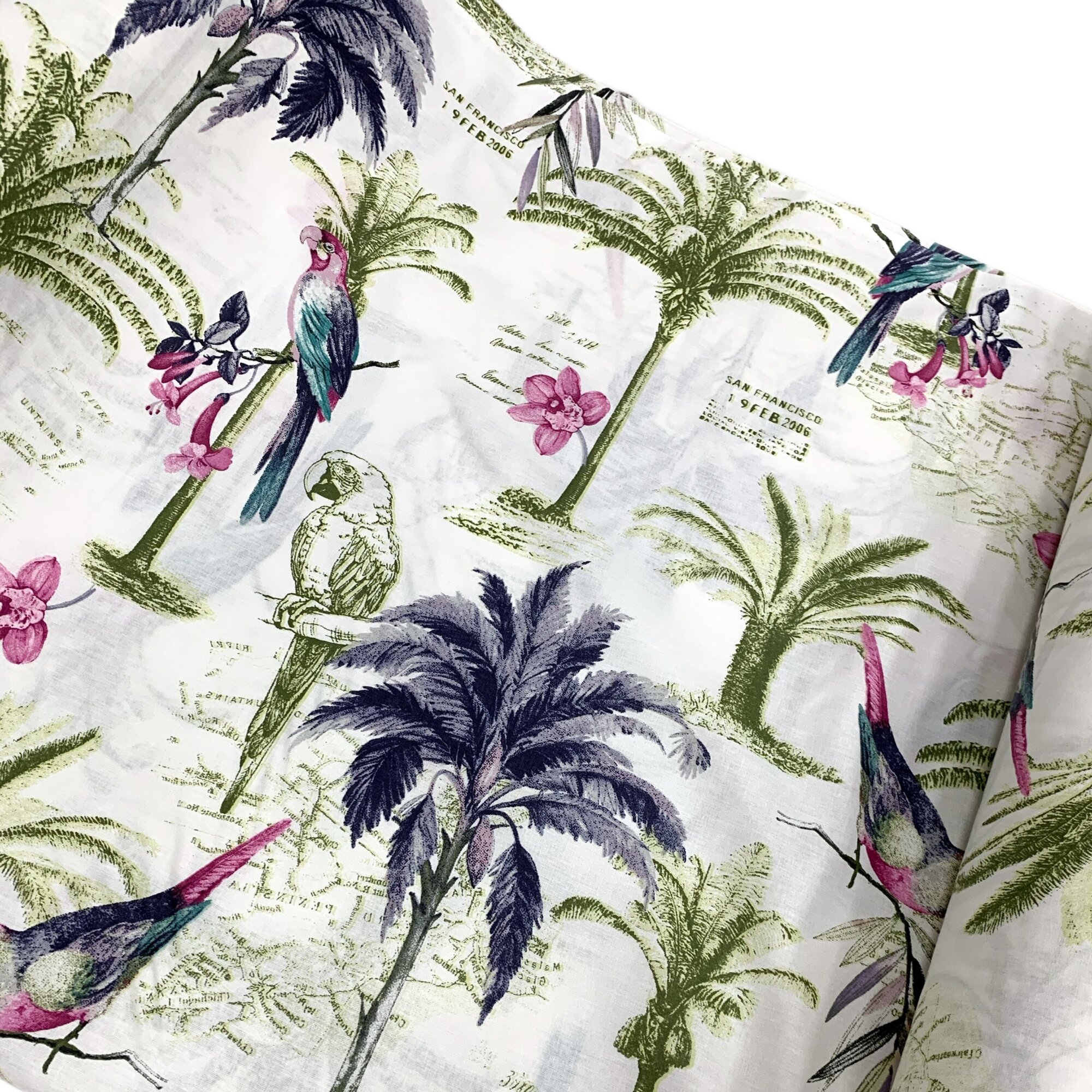 Ткань - Поплин "Пальмы фуксия" широкий, 240 см, для постельного белья, одежды, рукоделия и творчества, 0,5 метра