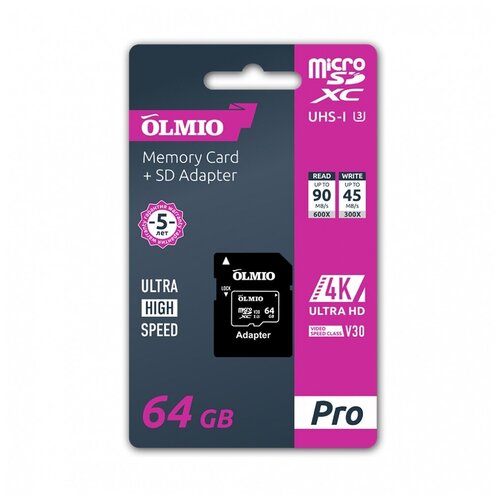 Карта памяти Partner/Olmio microSDXC 64Gb Pro UHS-I U3 V30 с адаптером