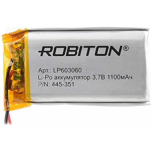Аккумулятор литий-ионный полимер ROBITON LP603060, Li-Pol, 3.7 В, 1100 мАч, призма со схемой защиты аккумулятор литий ионный полимер robiton lp305060 li pol 3 7 в 800 мач призма со схемой защиты