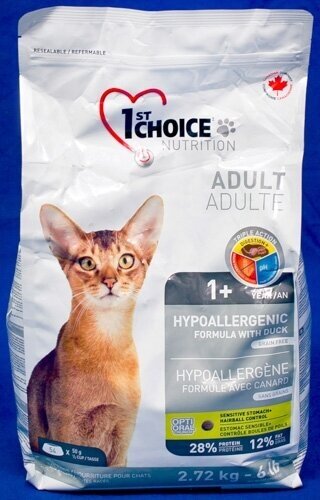 Сухой корм 1st Choice Hypoallergenic для взрослых кошек беззерновой, утка/картофель, 5.44кг - фото №8