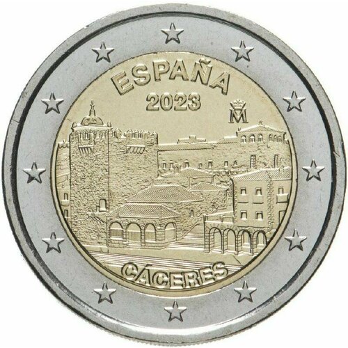 Памятная монета 2 евро Старый город Касерес. Испания, 2023 г. в. UNC (без обращения) испания 2 евро 2023 юнеско касерес