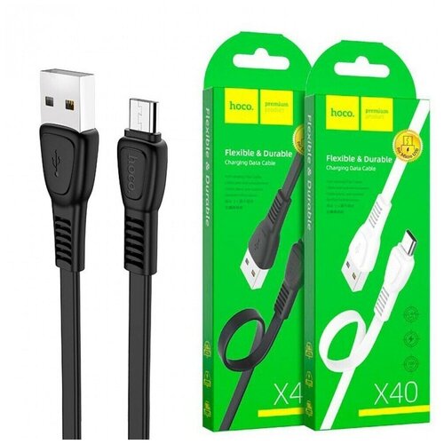 Кабель USB - MicroUSB Hoco X40 (плоский) Черный usb кабель hoco x40 для зарядки передачи данных microusb 2 4а 1 метр tpe белый