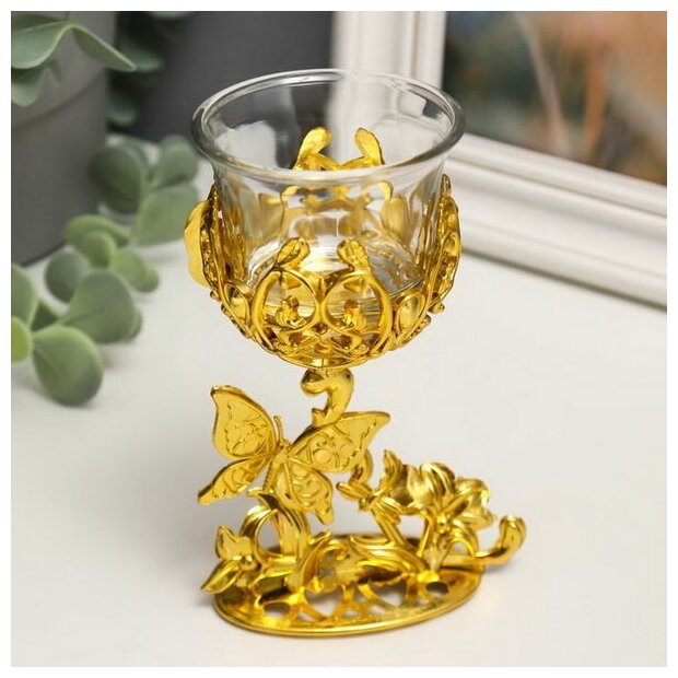 Подсвечник пластик, стекло "Бабочка" золото 12х7.5х6 см