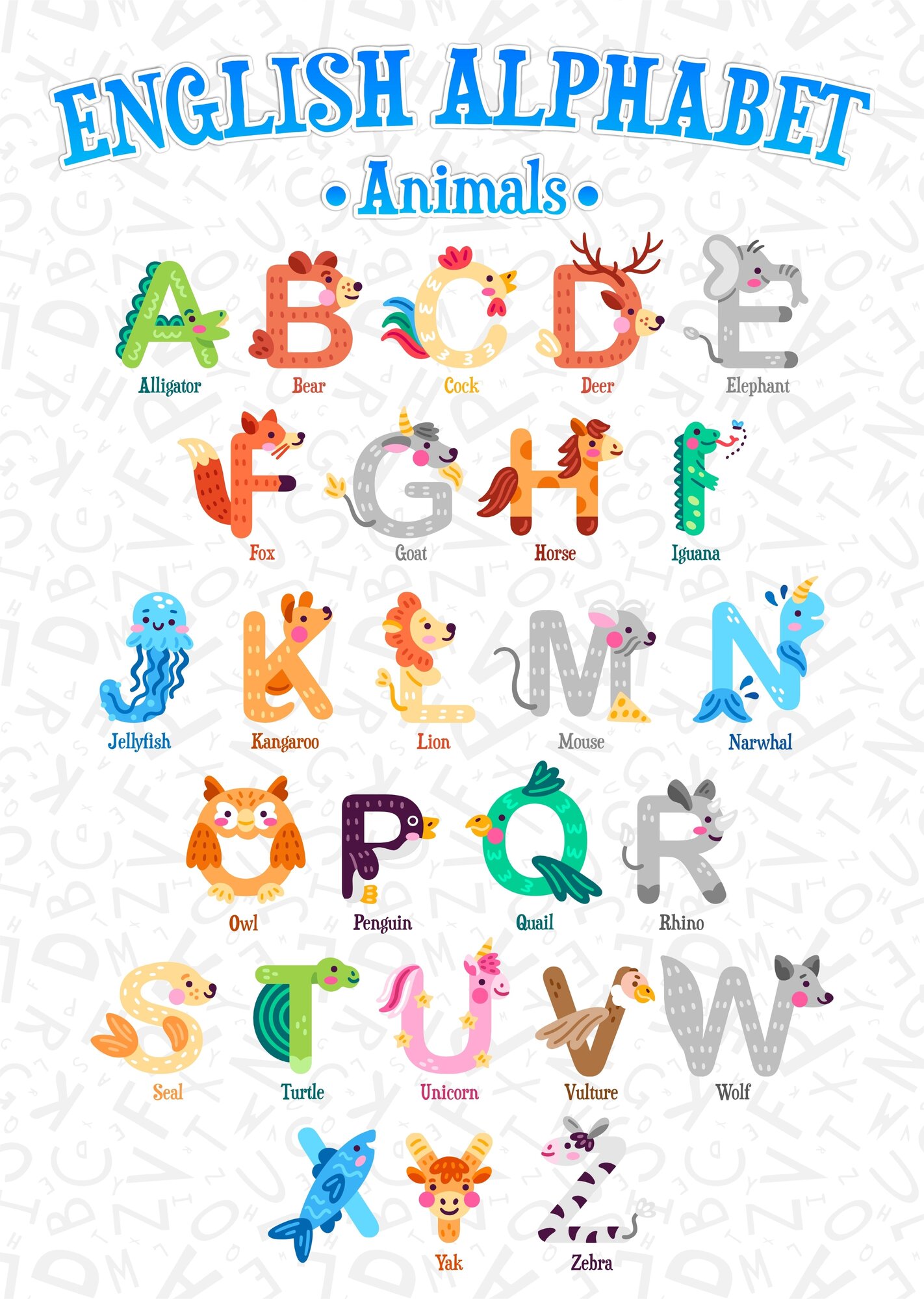Плакат обучающий "Английский алфавит - Животные", А3 (30х42 см), 1 шт, Печатник