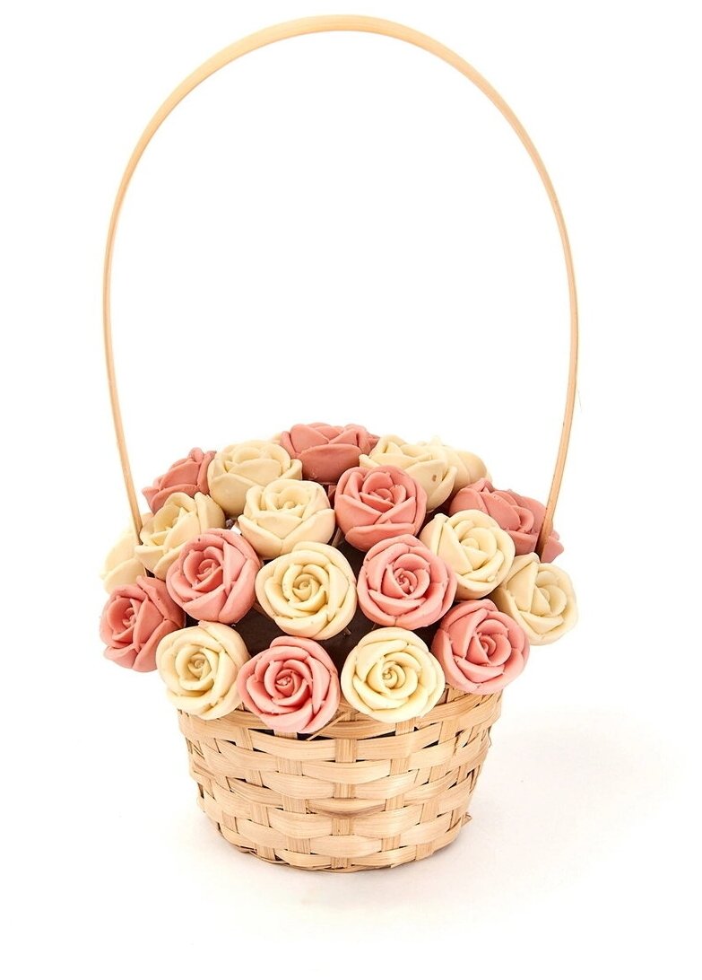 33 шоколадные розы CHOCO STORY в корзинке - Белый и Розовый микс из Бельгийского шоколада, 396 гр. K33-BR - фотография № 1