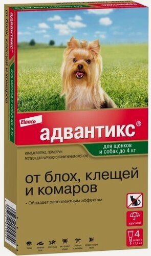 Изображение товара Капли Elanco Адвантикс для щенков и собак до 4 кг, от блох, клещей и комаров (4 пипетки х 0,4 мл)