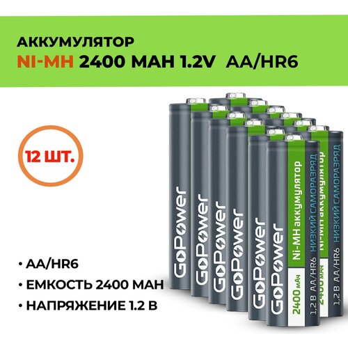 12шт. Аккумулятор GoPower 2400 мАч, АА/HR6, 1.2 В