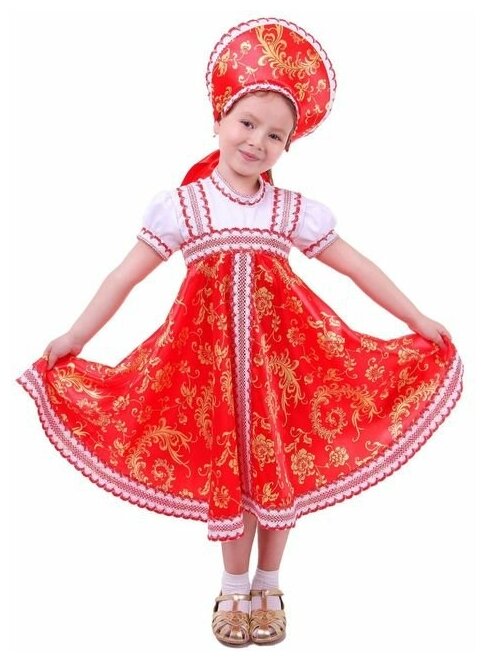 Страна Карнавалия Русский народный костюм для девочки с кокошником, р-р 68, рост 134 см, красно-бежевые узоры