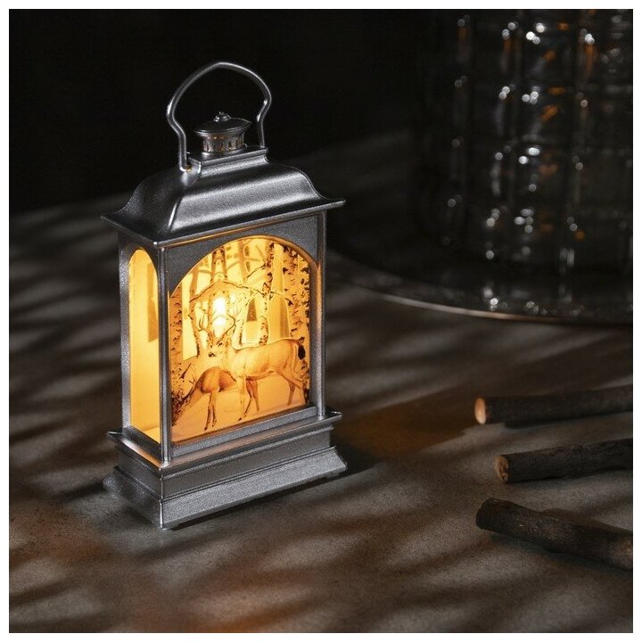 Светодиодная фигура «Серебристый фонарь с оленями» 7 × 13 × 3.5 см пластик батарейки AG13х3 свечение тёплое белое