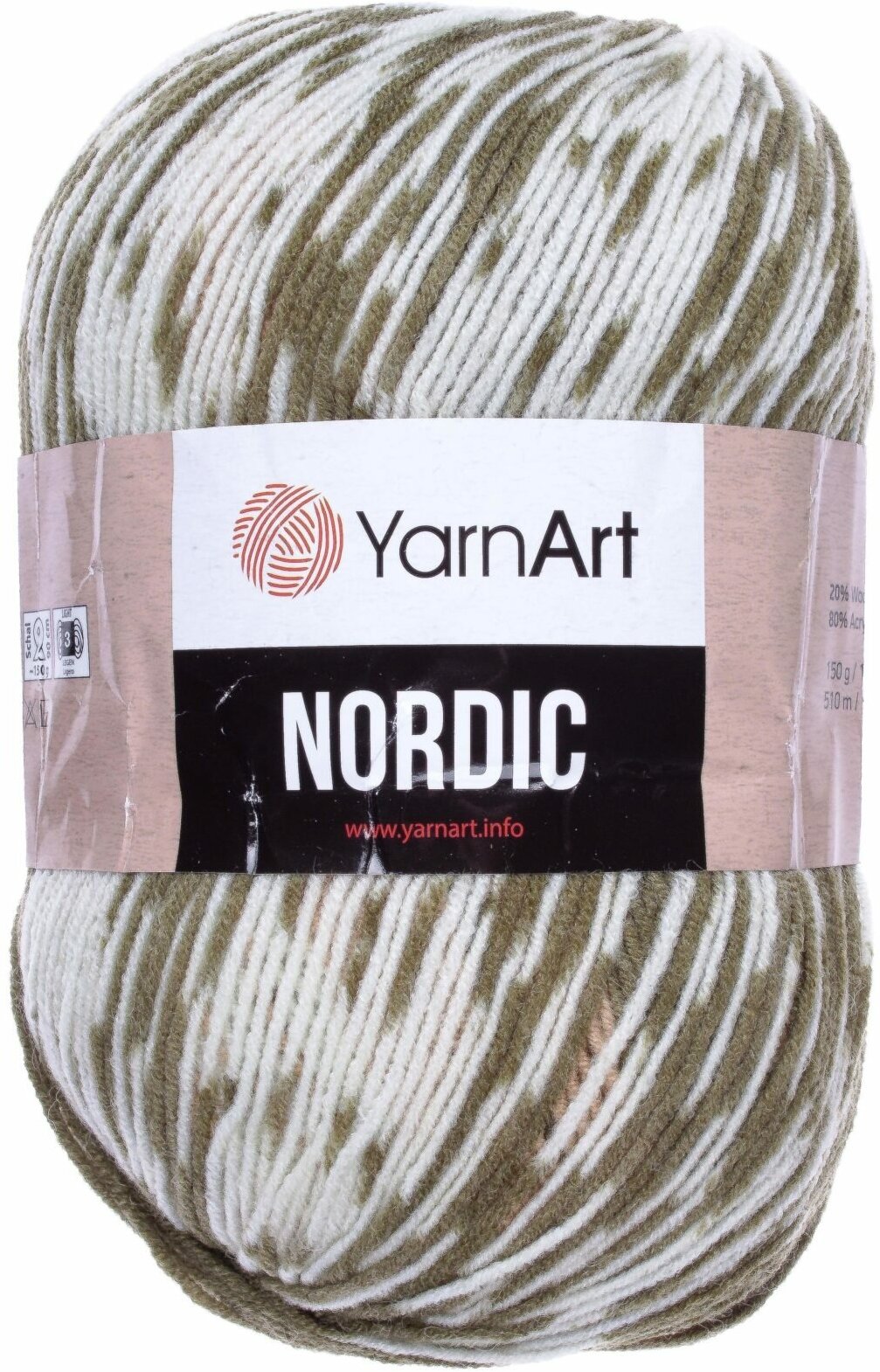 Пряжа Yarnart Nordic белый-бежевый-хаки (651), 20%шерсть/80%акрил, 510м, 150г, 1шт