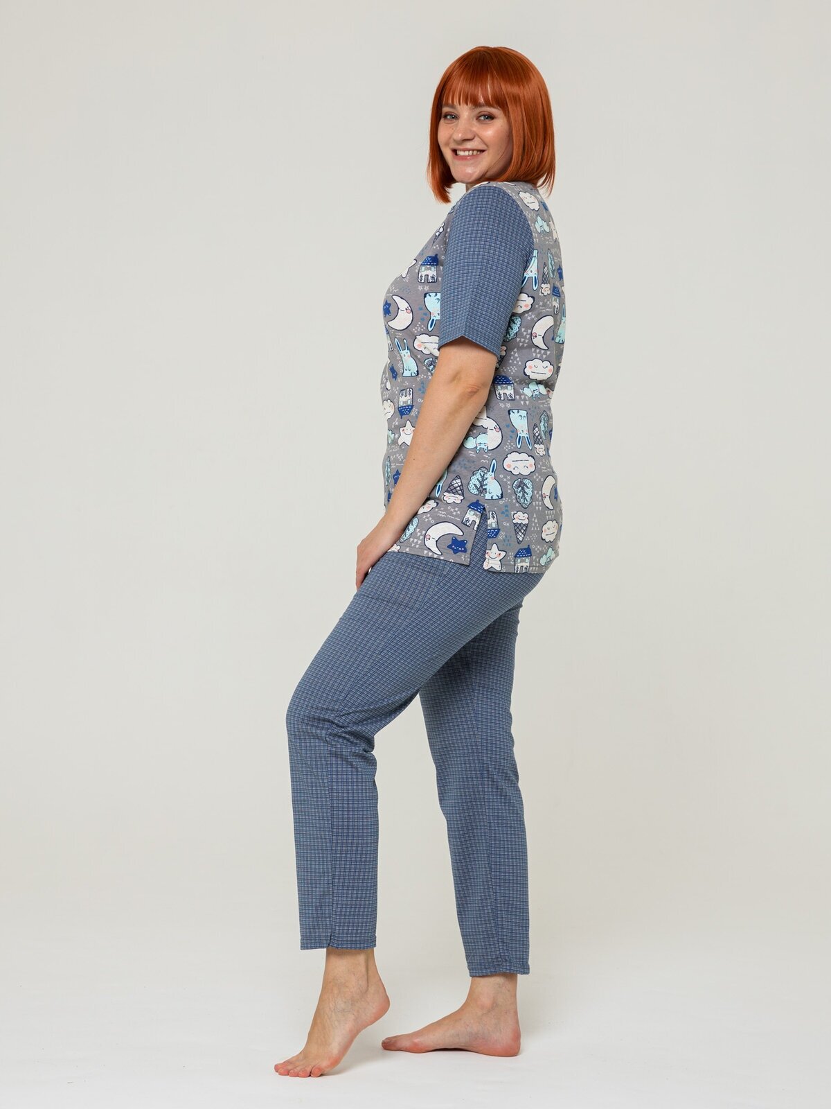 Пижам женская Алтекс с футболкой и штанами сине-серый, размер 50 - фотография № 3