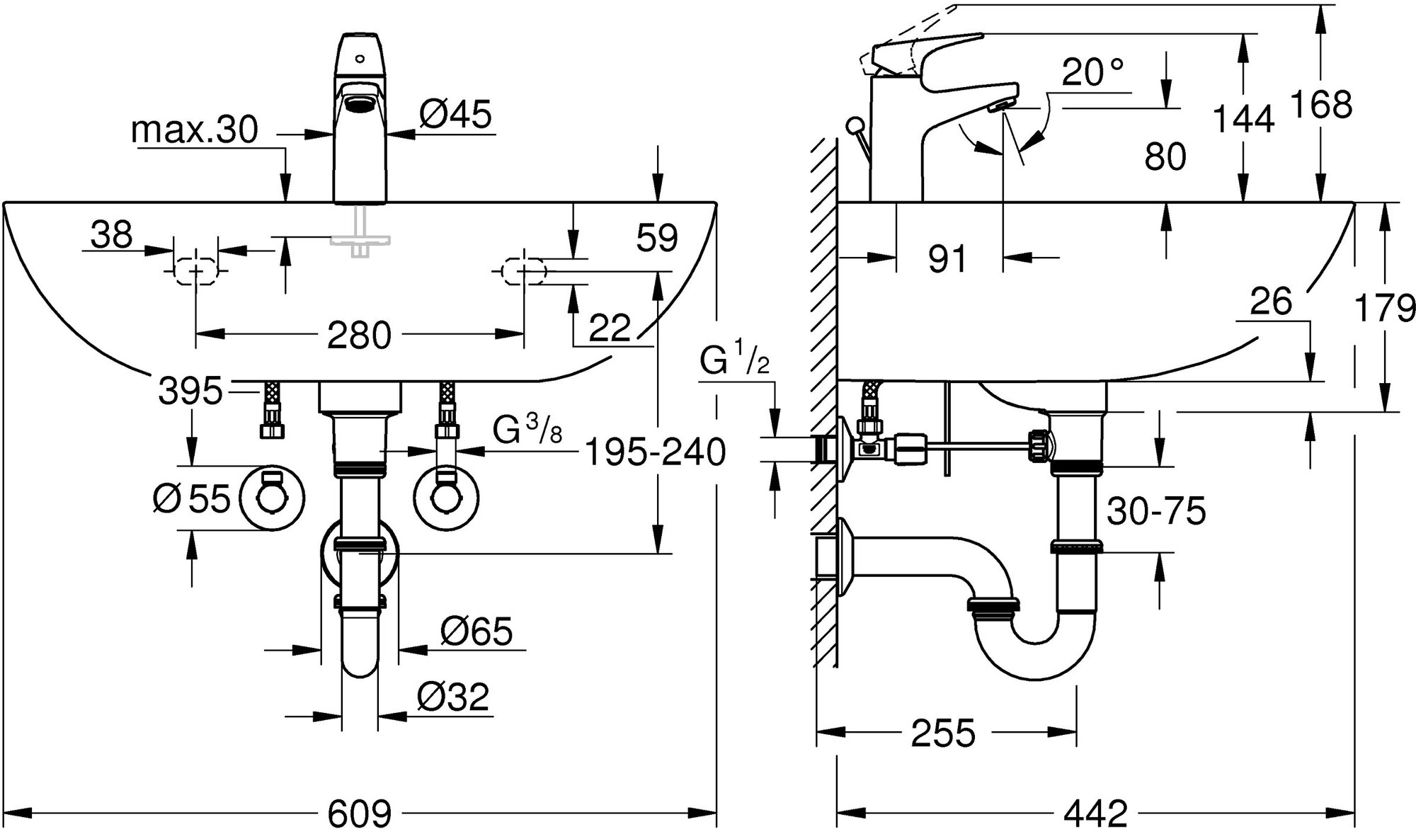 Набор для ванной: раковина, смеситель StartFlow и сифон, GROHE Bau Ceramic, (39472000)