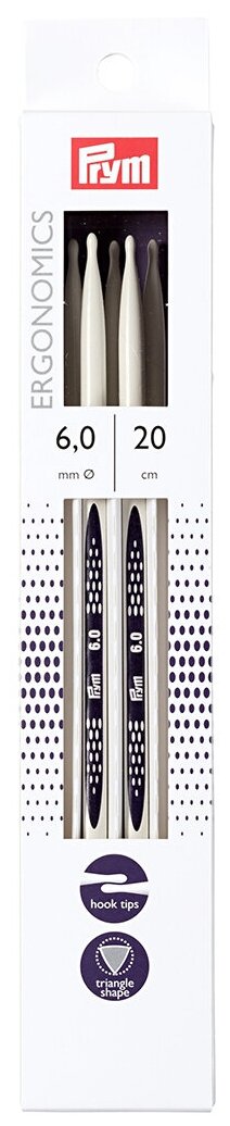 Спицы Prym чулочные Ergonomics, диаметр 6 мм, длина 20 см, общая длина 20 см, алебастровый белый