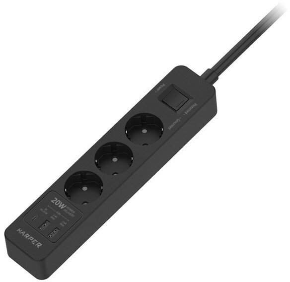 Сетевой фильтр Harper UCH-440 black PD3.0 (3 розетки, 2 USB-порта, 1 порт Type-C, 5 метра, шторки, в