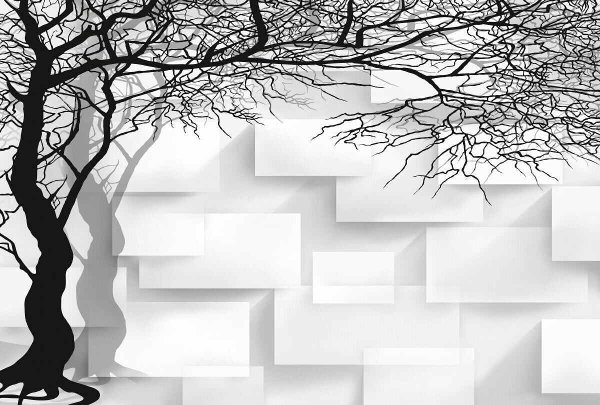 фото Фотообои виниловые тисненые на флизелиновой основе Черное дерево на сером фонеИ 704 400х270см