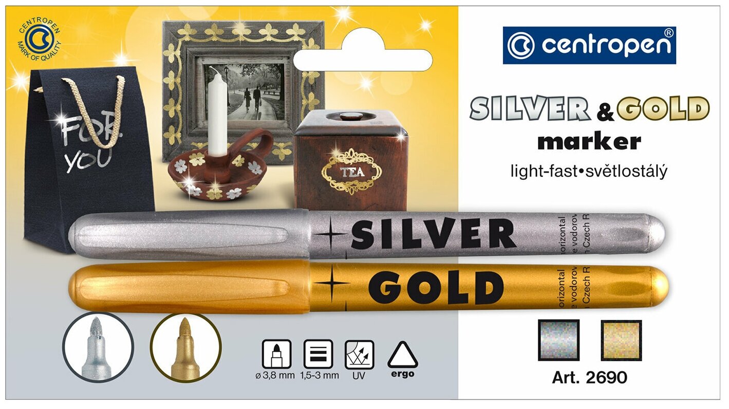 Маркеры для декорирования 2 цвета CENTROPEN, серебряный/золотой, круглые, 1,5-3 мм, 6 2690 0201