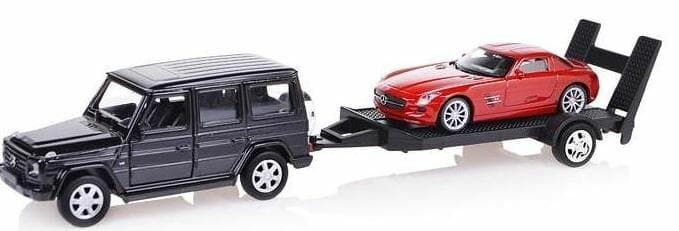 Набор машин WELLY 1:38, Mercedes-Benz G-Class, Mercedes-Benz SLS AMG, с прицепом, 2 шт.