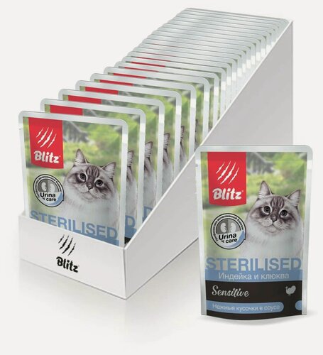 Изображение товара Влажный корм для стерилизованных кошек Blitz Sensitive Sterilised Cat с индейкой и клюквой в соусе,24 шт х 85 гр