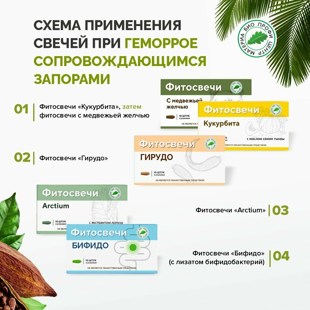 Картинки Набор свечей при геморрое, сопровождающемся запорами, 6 уп. (Кукурбита, с медвежьей желчью, Гирудо, Arctium, Бифидо)