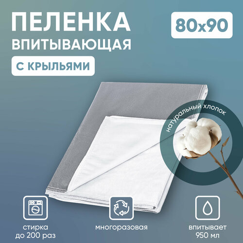 Многоразовая впитывающая пеленка с крыльями BESIDE волны, 80x90 см, хлопок полиэстер, ПВХ, бело-серая, клеенка подкладная водонепроницаемая непромокаемая для детей, новорожденных, взрослых, животных