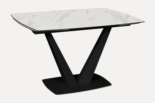 Изображение товара Стол обеденный керамический раздвижной на одной ноге CHALET 120 MRB PL CER, столешница керамика, цвет белый мрамор, черные ножки, 120(180)х85 см