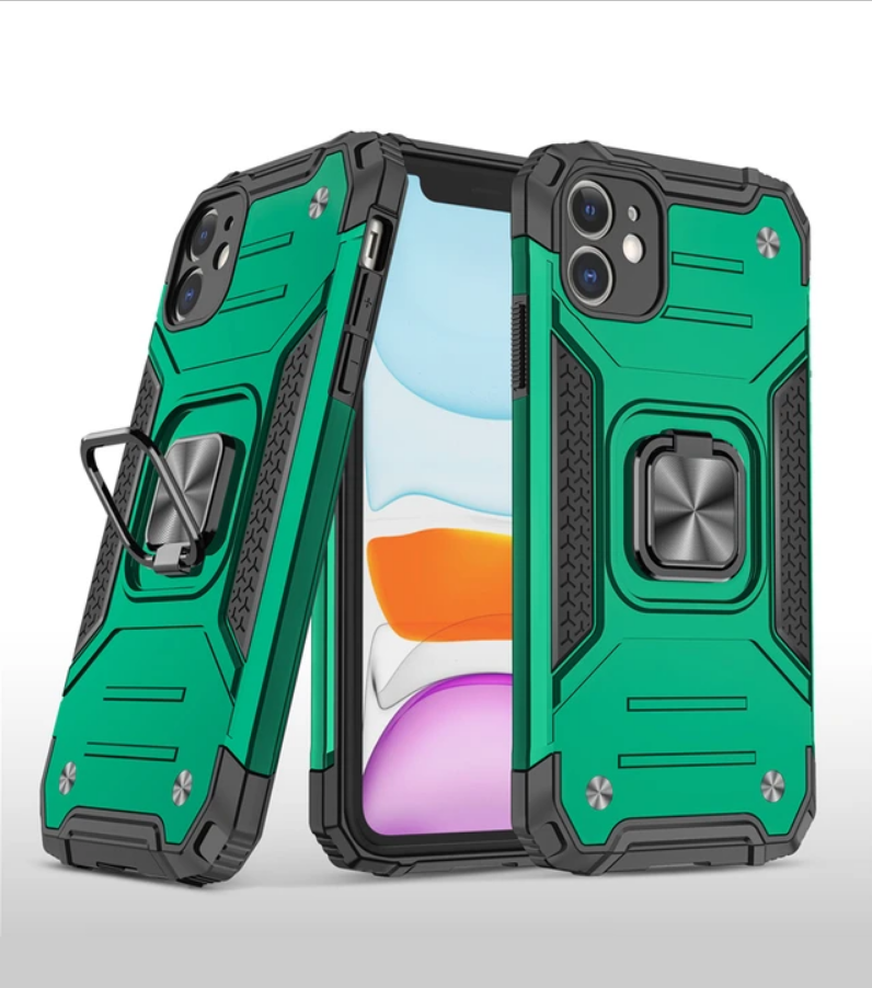 Противоударный чехол для iPhone 11 зеленый с пластиной для магнитного автодержателя и кольцом подставкой — фото 1