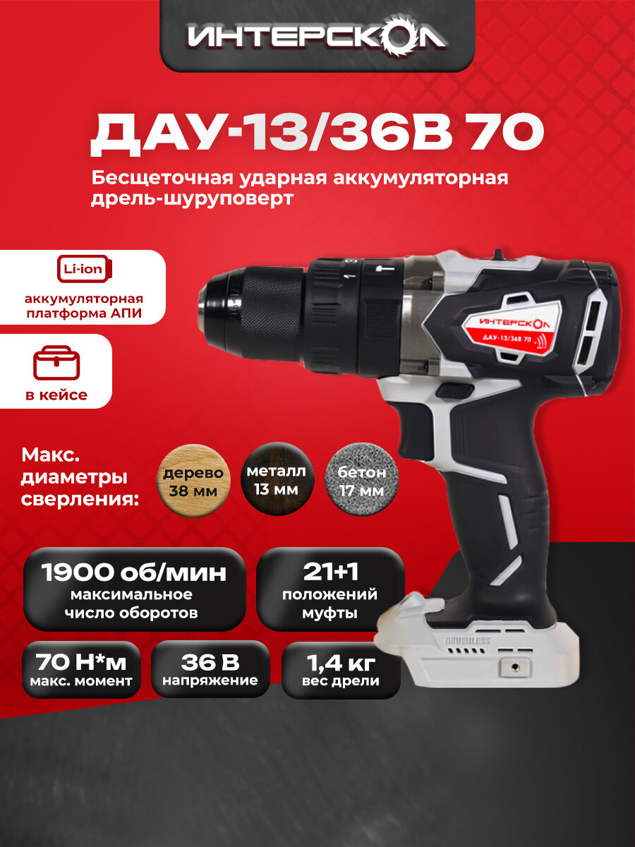 Бесщеточная ударная аккумуляторная дрель-шуруповерт 813.2.2.70 АПИ 36В, 70 Нм, 2 АКБ 2,0 Ач и ЗУ, кейс