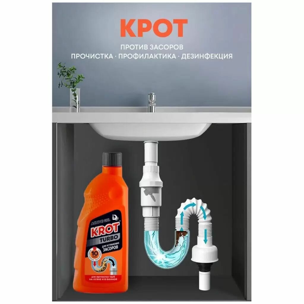 Гель от засоров Крот Турбо 1 л средство для прочистки труб Россия