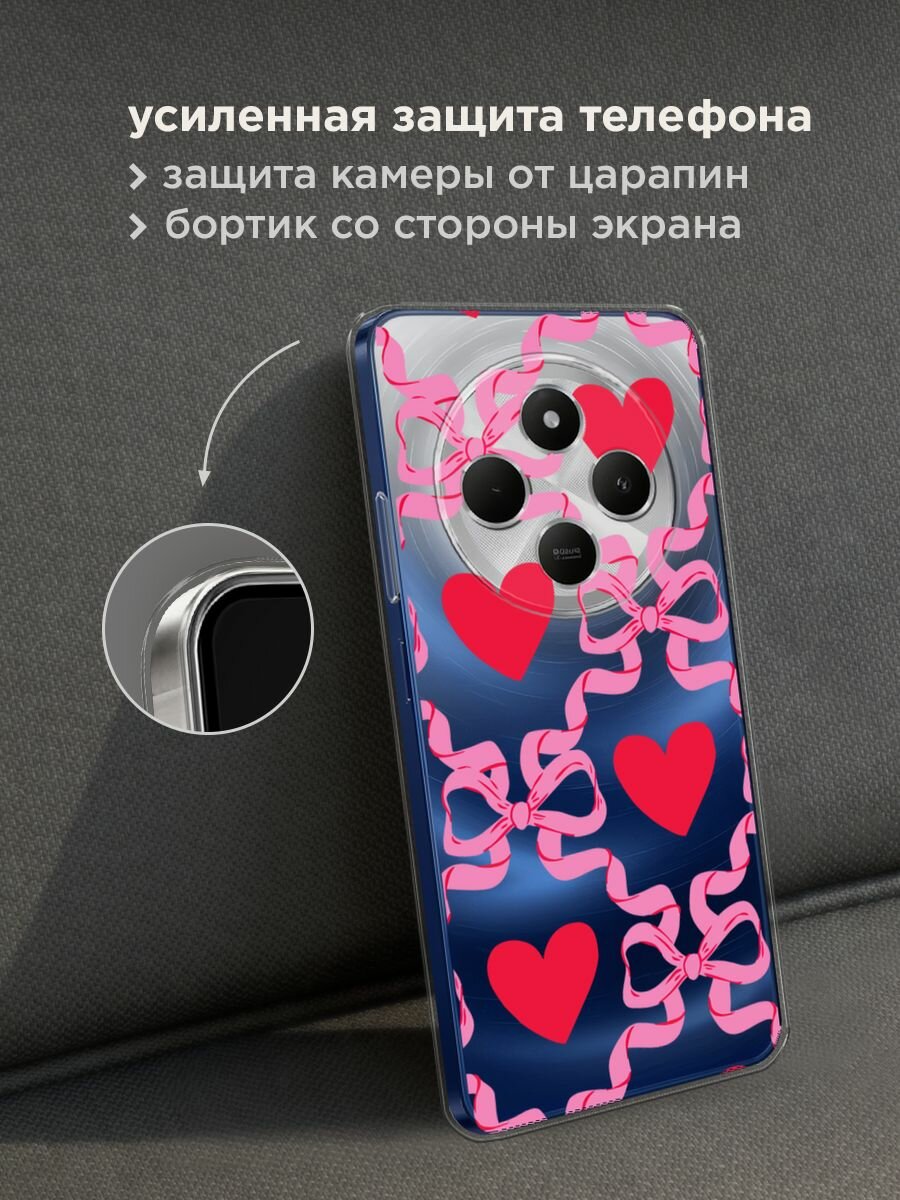 Чехол на Xiaomi Redmi 14C/Poco C75 4G/Redmi A4 5G/Poco M7 5G с принтом "Hearts and ribbons 2 - 14 февраля", прозрачный — фото 1