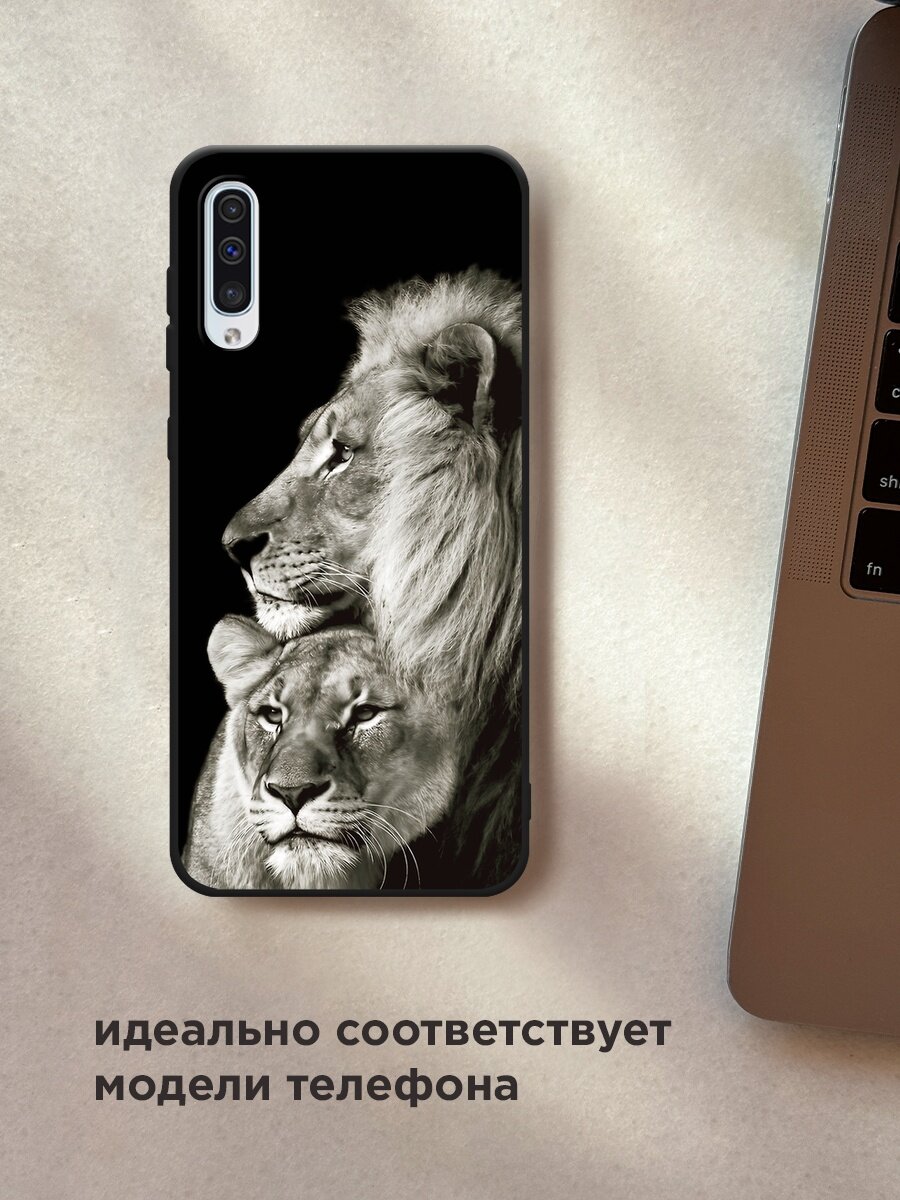 Черный матовый чехол на Samsung Galaxy A50 / Самсунг Галакси А50 с принтом "Лев и львица" — фото 1