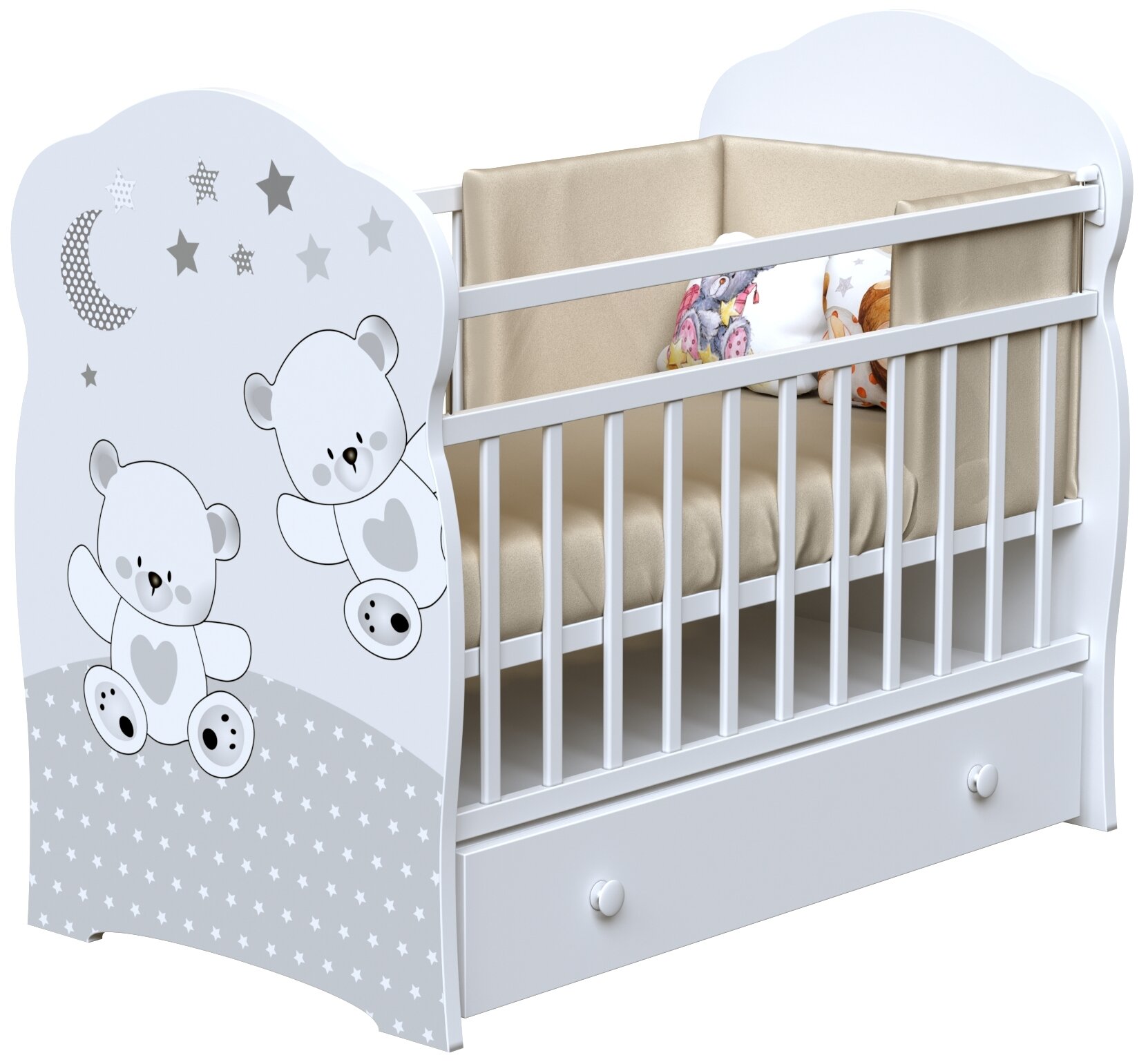 Кроватка детская для новорожденных ВДК Funny Bears с маятником и ящиком, массив березы, белый