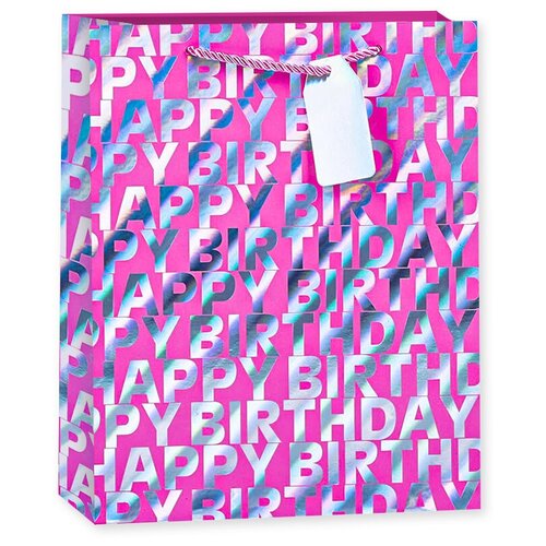 фото Пакет подарочный, с днем рождения! (буквы), розовый, голография, 32*26*12 см, 1 шт. дон баллон