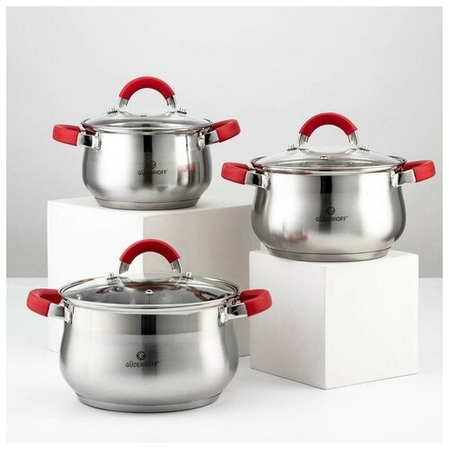 фото Набор кастрюль «сильвер», 3 шт: 2,1 л, 2,9 л, 3,9 л, красные ручки qwen
