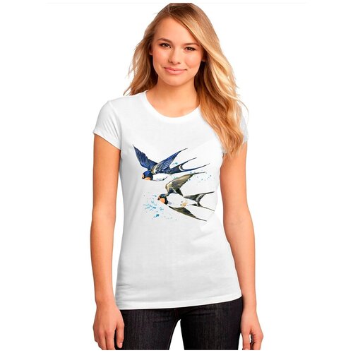 фото "женская белая футболка стрижи, крылья, полет". размер m drabs