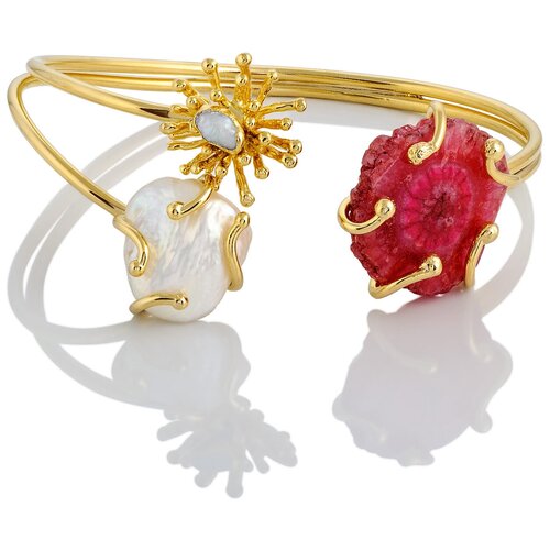 золотистое дизайнерское кольцо с натуральным барочным жемчугом Браслет Balalaika, агат, размер 19 см, белый