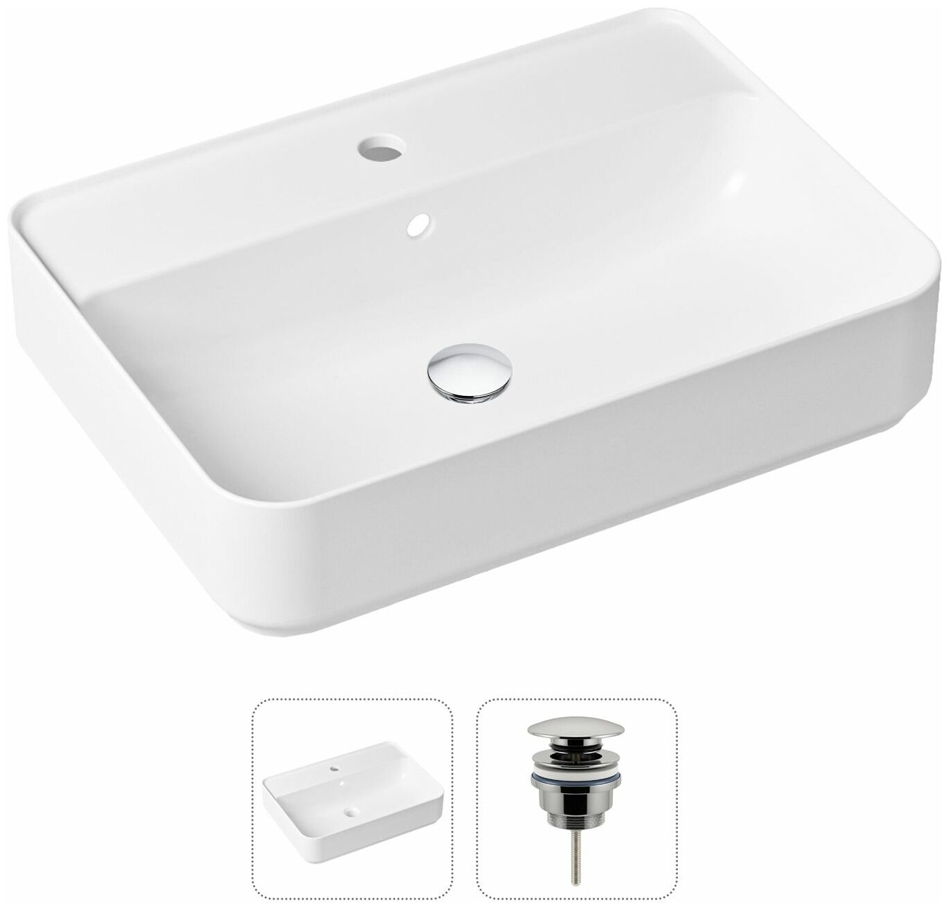 Накладная раковина в ванную Lavinia Boho Bathroom Sink Slim 21520849 в комплекте 2 в 1: умывальник белый, донный клапан в цвете хром