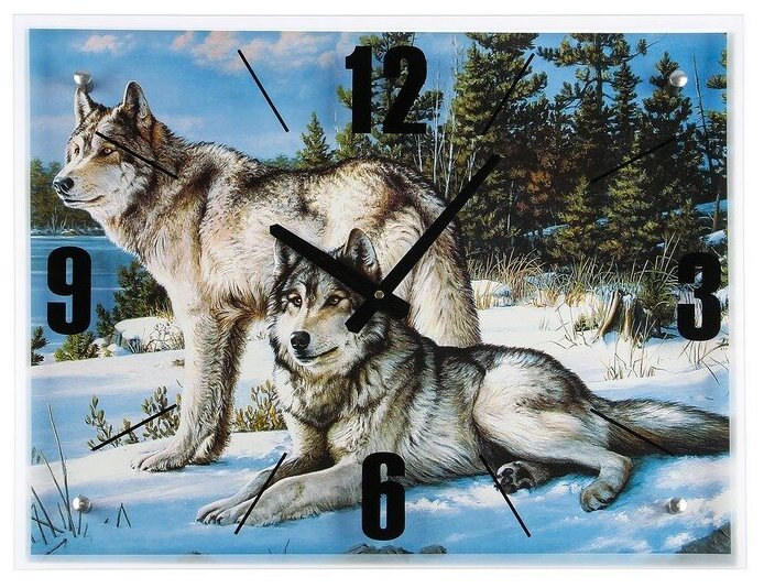 Часы настенные, серия: Животный мир, "Волки в Зимнем Лесу", 40х50 см, микс - фотография № 4