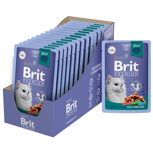 Влажный корм для кошек Brit Premium Duck & Apple for sterilised 14 шт. х 85 г (кусочки в желе)