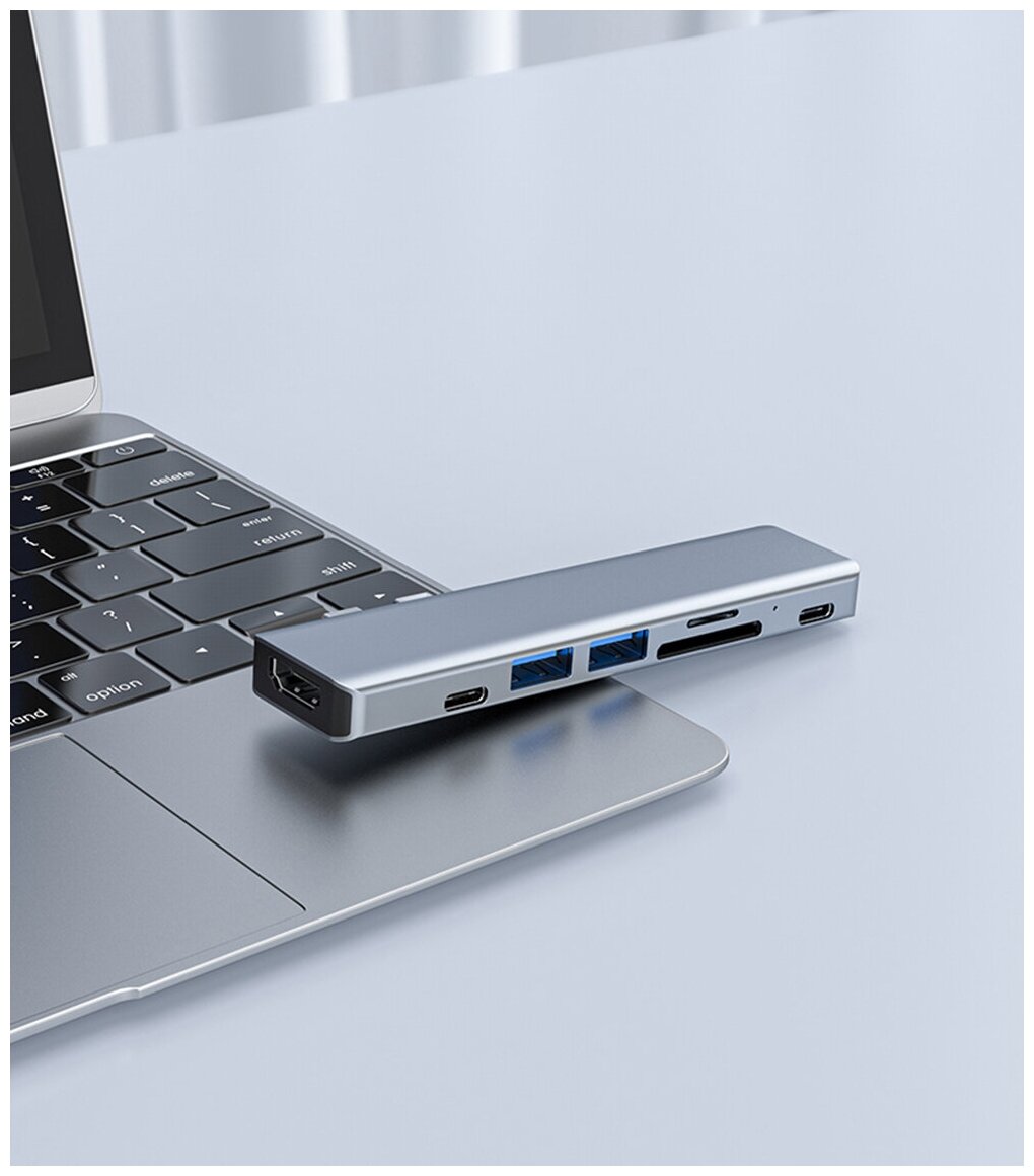 USB-концентратор (адаптер, переходник) Aluminum Type-C New Style 7 в 1 (Gray) для MacBook