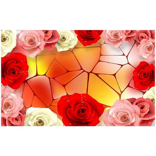 Фотообои Уютная стена 3D пол Розы с росой 430х270 см Виниловые Бесшовные (единым полотном)