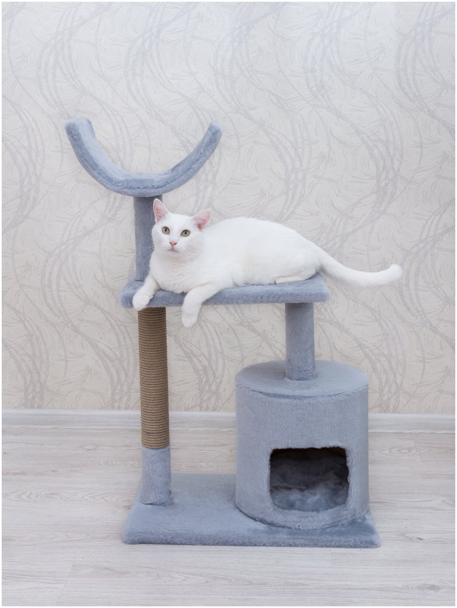 Когтеточка (игровой комплекс) YUGA для кошек с домиком, с лежанкой, с подушкой, 55х35х95см, серый - фотография № 5