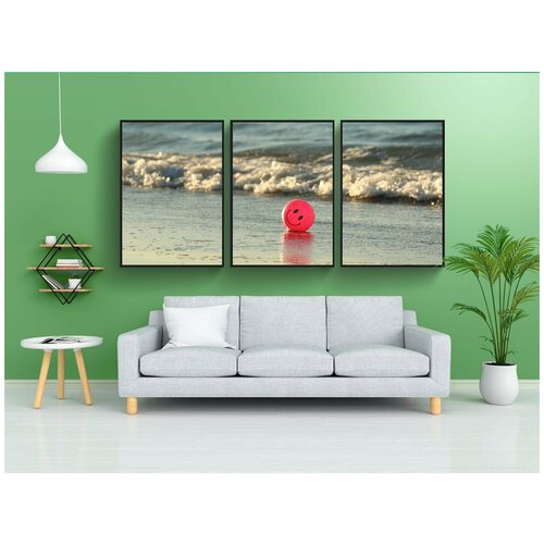 фото Модульный постер "мяч, пляж, океан" 180x90 см. из 3х частей в тубусе, без рамки lotsprints