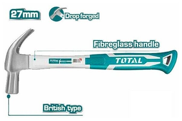 Молоток-гвоздодер Total, 560 гр, с фиберглассовой рукояткой
