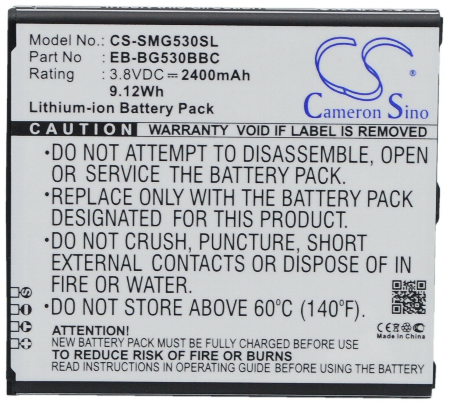 Аккумулятор CS-SMG530SL EB-BG530BBC для Samsung Galaxy Grand Prime (SM-G530H, SM-G5309W) 3.8V / 2400mAh / 9.12Wh