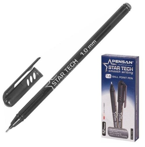 Ручка шариковая масляная Pensan Star Tech, чернила черные, узел 1 мм, линия письма 0,8 мм, 12 шт.
