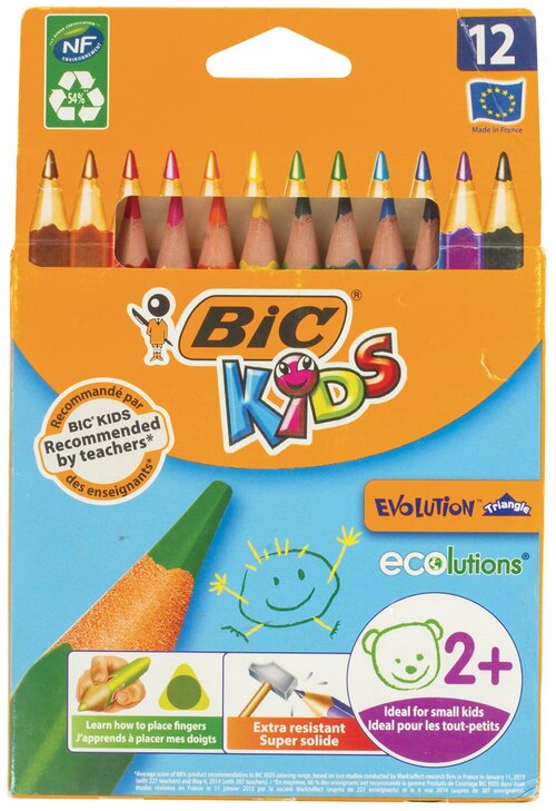 Карандаши цветные утолщенные BIC «Kids Evolution Triangle», 12 цветов, пластиковые, трехгранные, картонная упаковка, 8297356