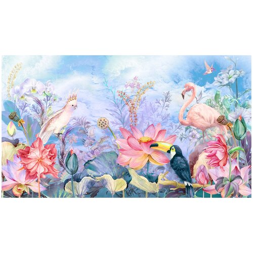 Фотообои Уютная стена Красочный сад цветов и птиц 470х270 см Бесшовные Премиум (единым полотном)