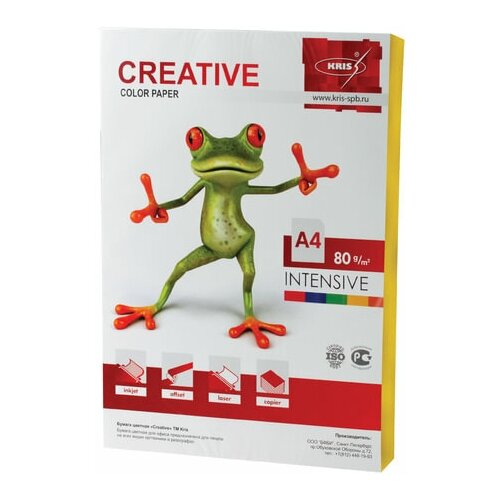 Бумага цветная CREATIVE color, комплект 50 шт, А4, 80 г/м2, 100 л, интенсив, желтая, БИpr-100ж