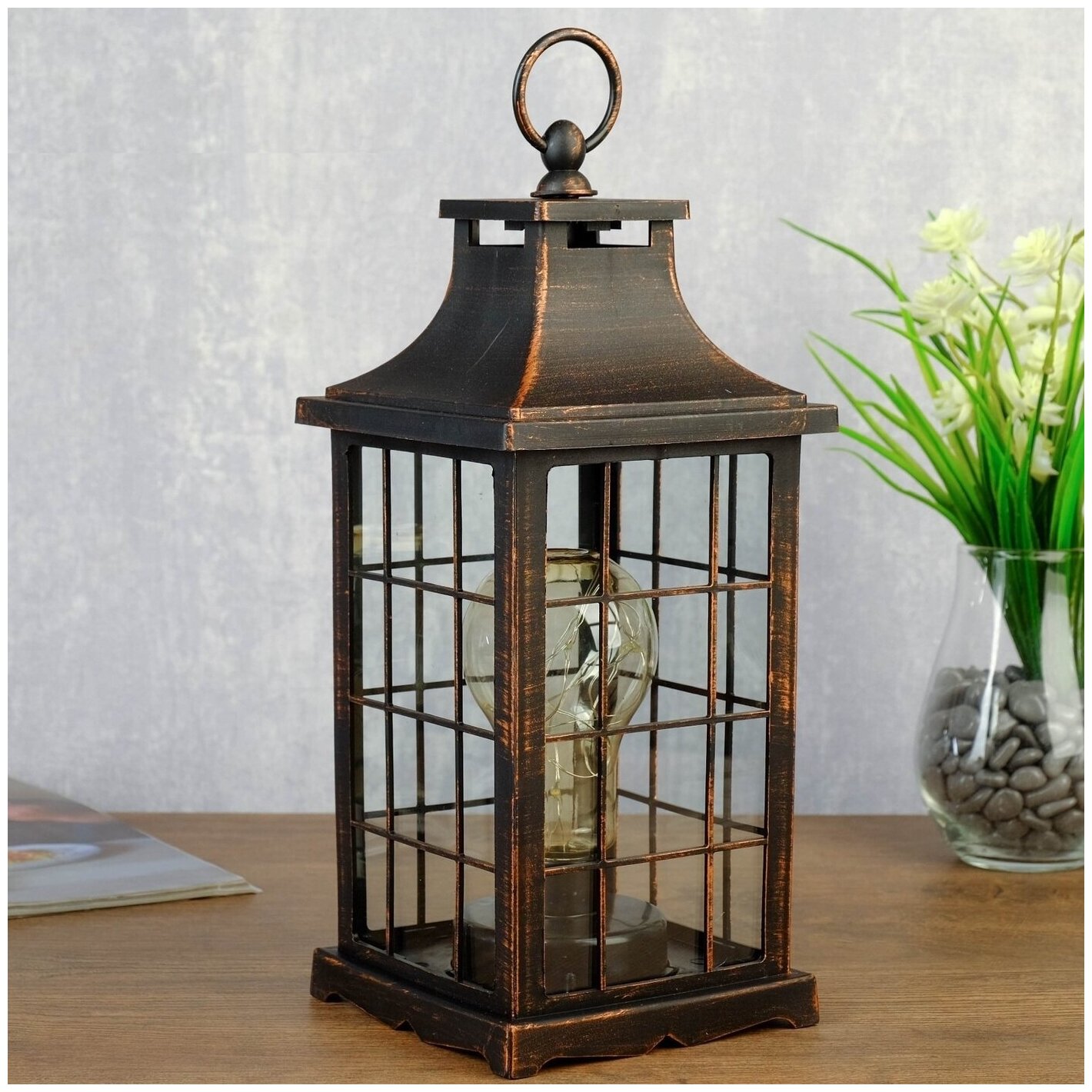 фото Ночник "Фонарь лофт " LED черный с медной патиной 13х13х31 см