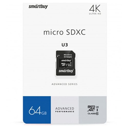 Карта памяти microSDHC 64Gb Smartbuy Advanced UHS-I U3 V30 A1 + ADP (90/55 MB/s)